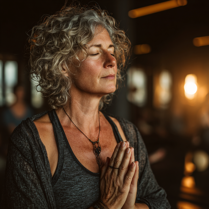 Seniori practicând yoga într-un mediu liniștit