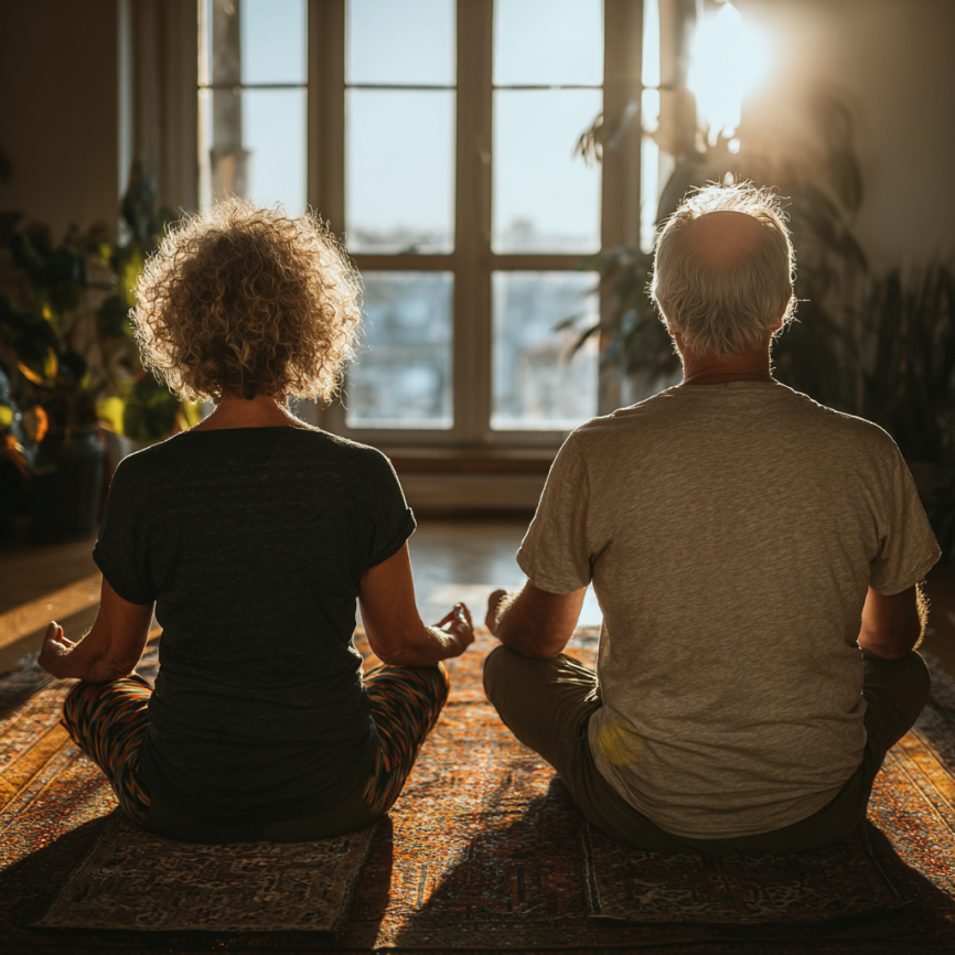 Instructor de yoga ghidând un grup de seniori